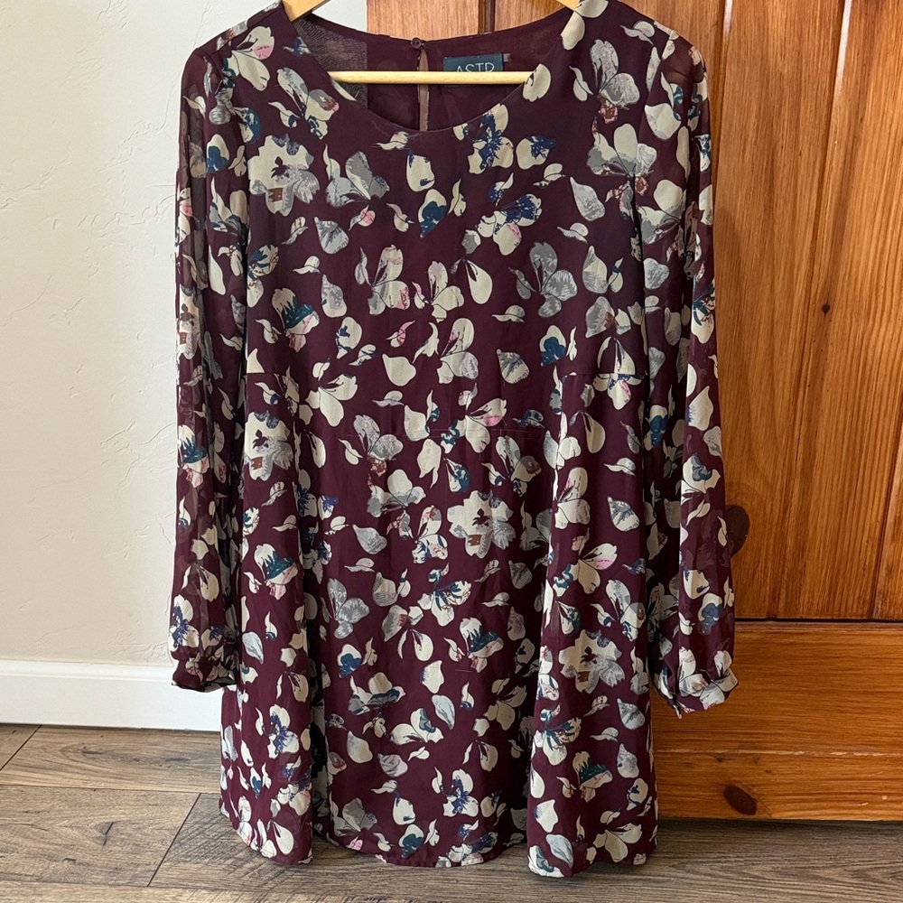 Astr Burgundy Floral Long-Sleeve Tunic Dress with Cream & Blue Accents